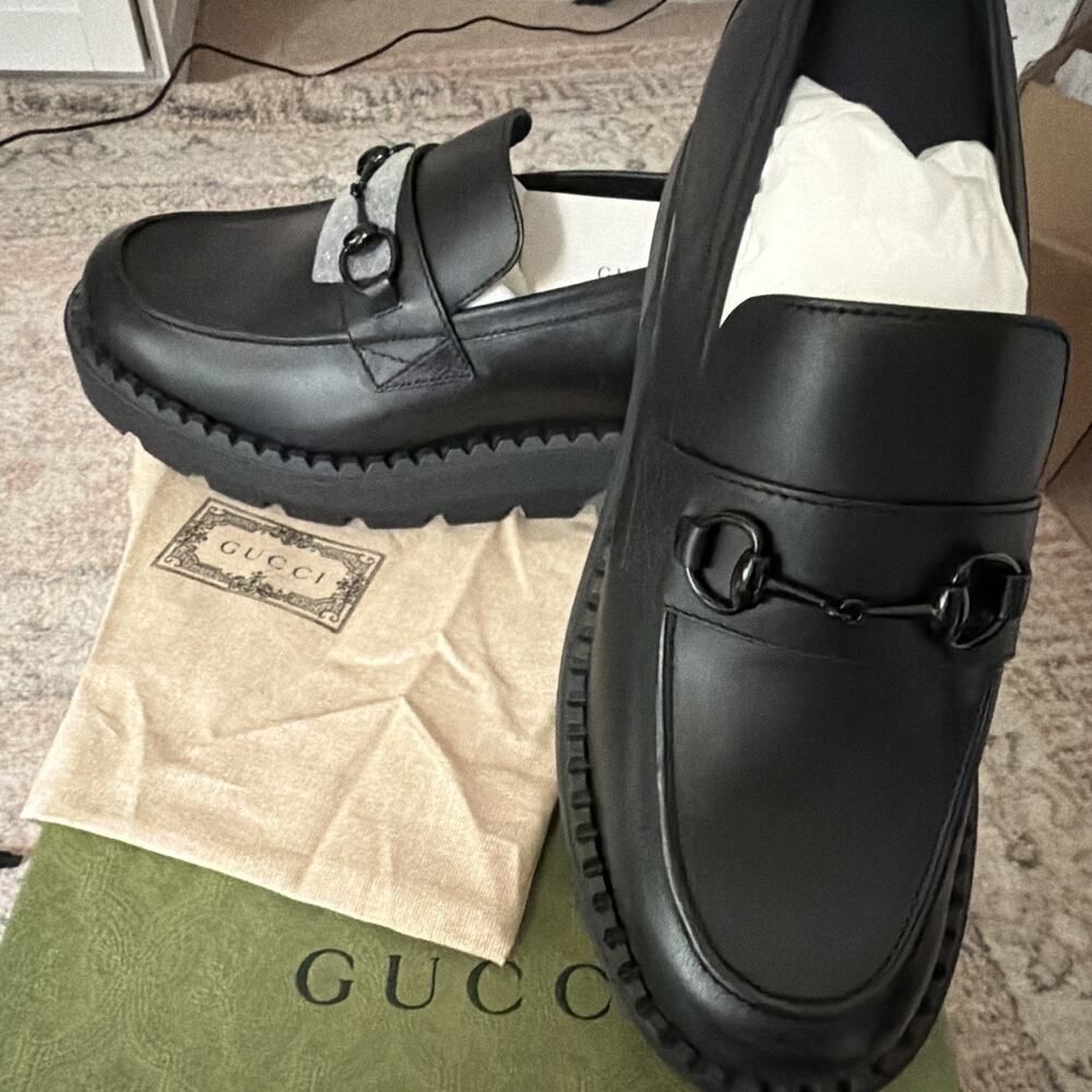 Gucci Men's Chunky Lug Sole Horsebit Loafers Black Leather 758593 UK 11 US 12